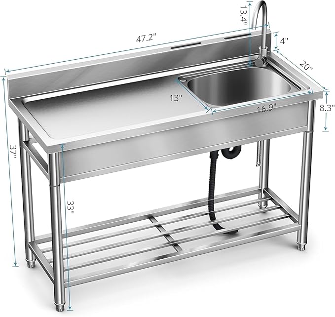 Stainless Steel Sink, Free Standing Kitchen Sink with Countertop Workstation, Utility Sinks Single Bowl with Cold and Hot Water Pipe Indoor Outdoor (47 Inch)