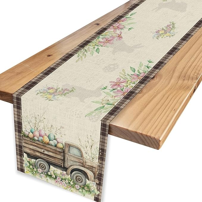 Easter Truck Table Runner,Rustic Brown Plaid Eggs Floral Bunny Spring Summer Holiday Table Center Decor for Family Kitchen and Living Room Outdoor Farmhouse Party Table Decorations, 13"x36"