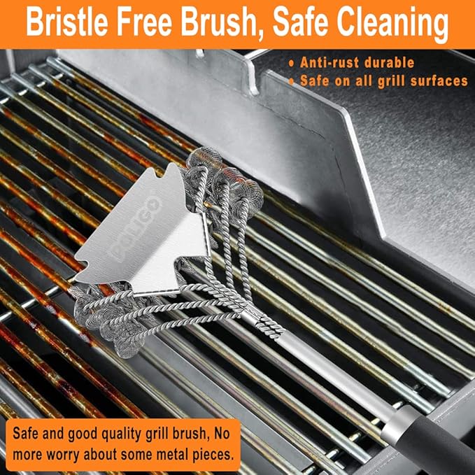 POLIGO Safe Grill Brush and Scraper Bristle Free 18" Grill Cleaner Brush - Stainless Steel BBQ Brush for Grill Cleaning - Wireless Grill Brush with BBQ Scraper for Grill - Gifts for Grill Wizard