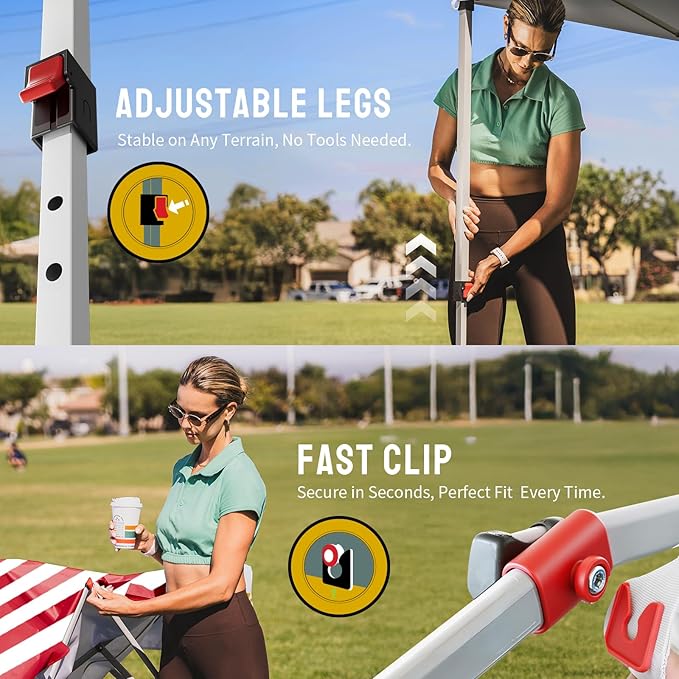 CROWN SHADES 10x10 Pop Up Canopy - Beach Tent with One Push Setup - Easy Outdoor Sun Shade for Events, Parties, Camping - Gazebo with STO-N-Go Cover Bag, Silver Coated Top, Red Strips