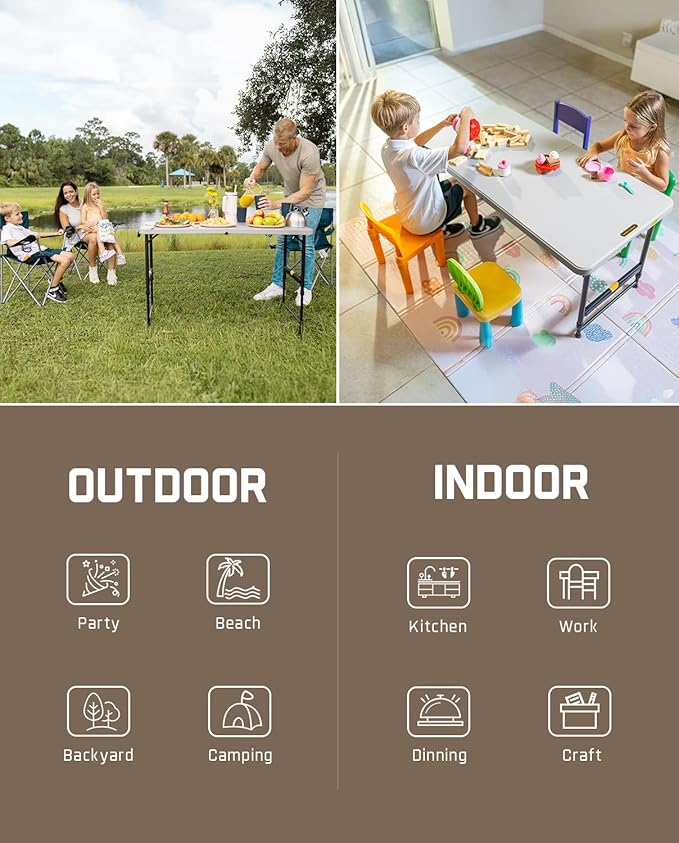 FanttikOutdoor 4ft Portable Folding Table, One-Handed Height Adjustment, 4 Heights, Gravity Lock, Carry Handle, Indoor Outdoor Heavy Duty Fold-in-Half Utility Table, Party, 1 Pack, Grey Zeta X4 Pro