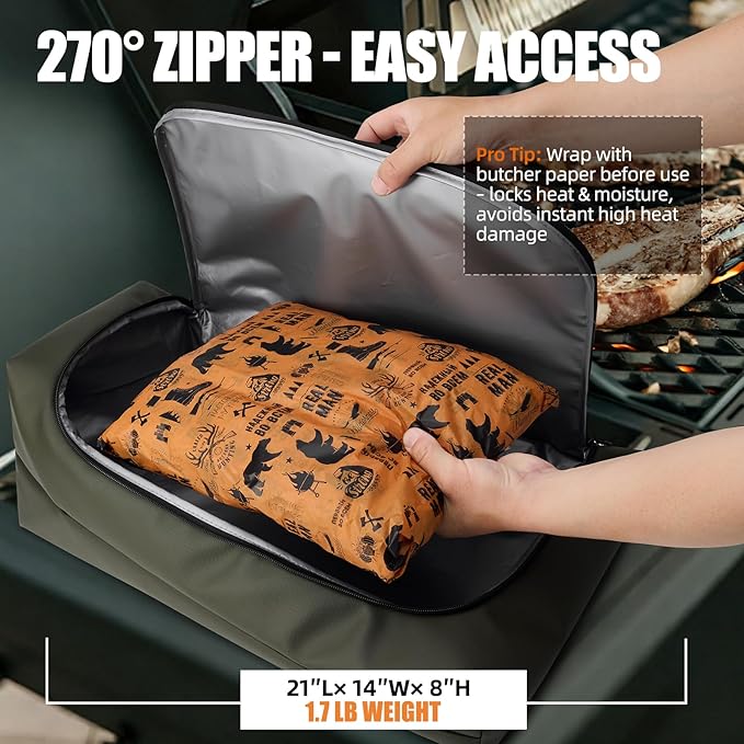 BBQ Blanket for Resting Meat, Leak-Proof Insulated Meat Resting Bag, 270° Top Opening for Large Briskets, Turkey, Washable Smoker Accessories Gift for Men or BBQ Lovers - 21in
