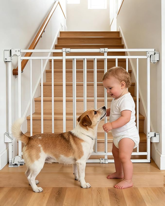 Baby Gate for Stairs Doorways & Kitchen, Extra Wide 32"-54" W x 39" H Extra Tall, No Bottom Bar Dog Gate, One-Handed Auto-Close, Hardware Mount Safety Gate for Dogs & Toddlers, White