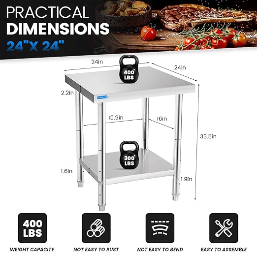 Stainless Steel Table for Prep & Work with Undershelf 24 x 24 Inches NSF Metal Commercial Kitchen Prep Table with Adjustable Under Shelf Worktable for Restaurant Home Outdoor