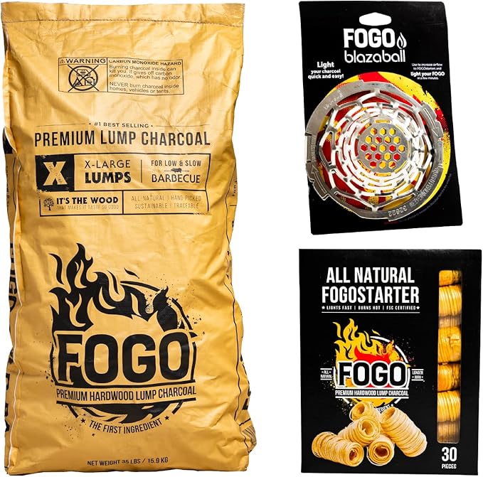 FOGO Super Premium Hardwood Lump Charcoal 35 Pound Bag, Fogostarters Natural Fire Starters and Blazaball Bundle