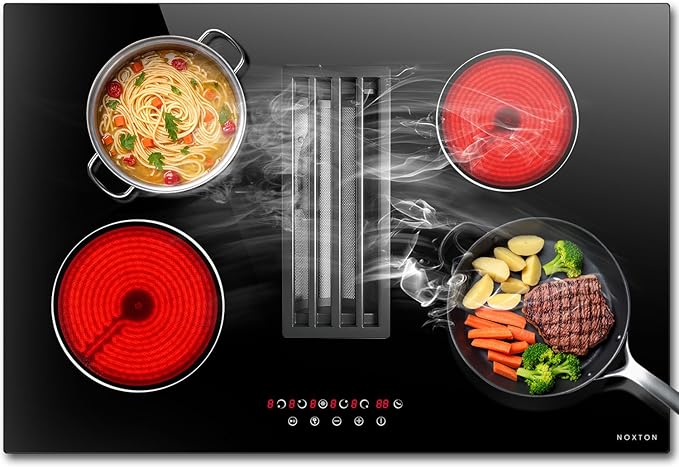 Noxton 30”Electric Cooktop with Downdraft Vent, 4 Burner Radiant Stove Top, 6000W, 240V Hardwired, 9 Heat Settings, 99-Min Timer, Pause & Child Lock(No Exhaust Pipe Required)