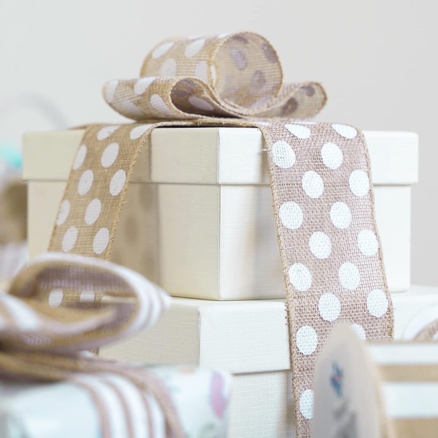 MEEDEE Burlap Ribbon with White Polka Dots - 2.5 Inch Natural Linen Wire Edge Craft Ribbon for Baby Shower, Beach, Farmhouse Gift Basket, 10 Yards