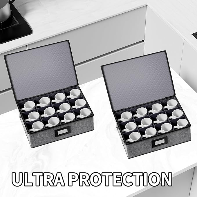 Aokeyee 2-Pack Cup and Mug Storage Box, Hard Shell China Storage Containers - Holds 24 Coffee Mugs, Tea Cups & Glasses, Stackable Organizers with Lid, Handles, Zippers & Label for Moving