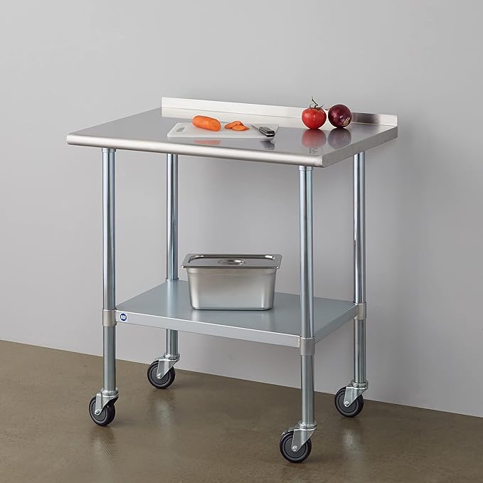 Stainless Steel Table for Prep & Work with Caster & Backsplash 24x36 Inches, NSF Metal Commercial Kitchen Heavy Duty Table with Adjustable Under Shelf and Table Foot for Restaurant, Home and Hotel
