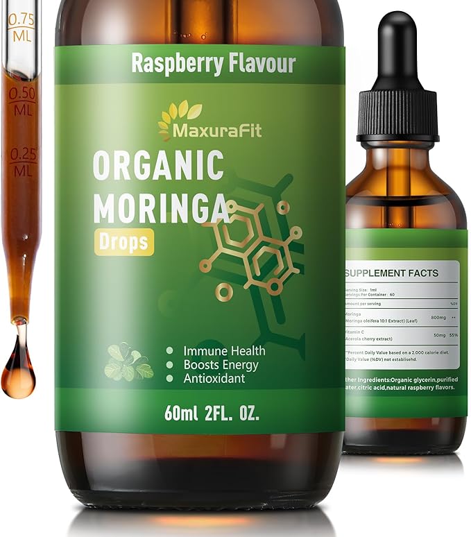 Moringa Leaf Drops with Vitamin C, Moringa Oleifera Extract Liquid Drops for Immunity Support,Antioxidant,Overall Health & Energy,Vegan Herbal Supplement 2 fl oz