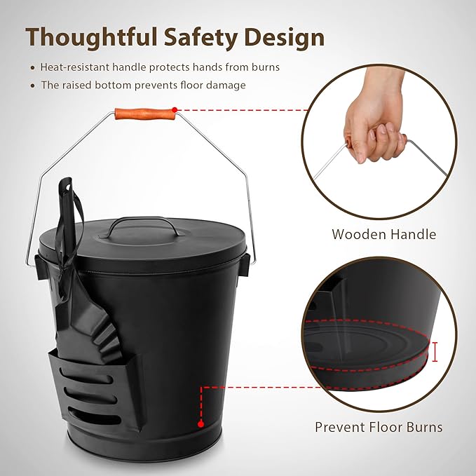 F2C 5.5 Gallon Large Ash Bucket with Lid and Shovel Fireplace Tool Set,Galvanized Metal Coal and Hot Ash Pail for Fireplace, Fire Pits, Wood Burning Stoves, Grill, Outdoor,Home Black