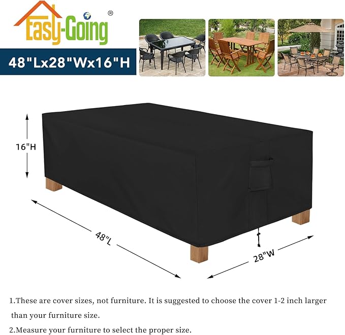 Easy-Going Patio Furniture Cover Waterproof Outdoor Rectangular Coffee Table Cover with Seal Tape at Seams (48" L x 28" W x 16" H, Black)