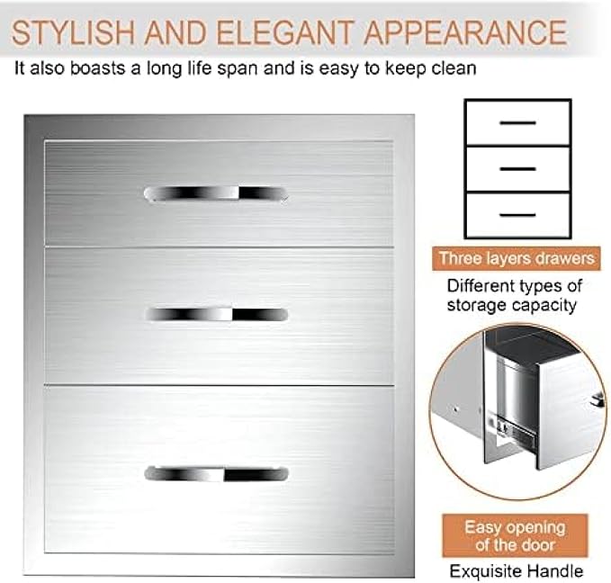 Stainless Steel Outdoor Kitchen Drawers - 3-Drawer BBQ Drawer, Built-in, Flush Mount for Outdoor Kitchens & BBQ Islands, 18Wx23Dx24H