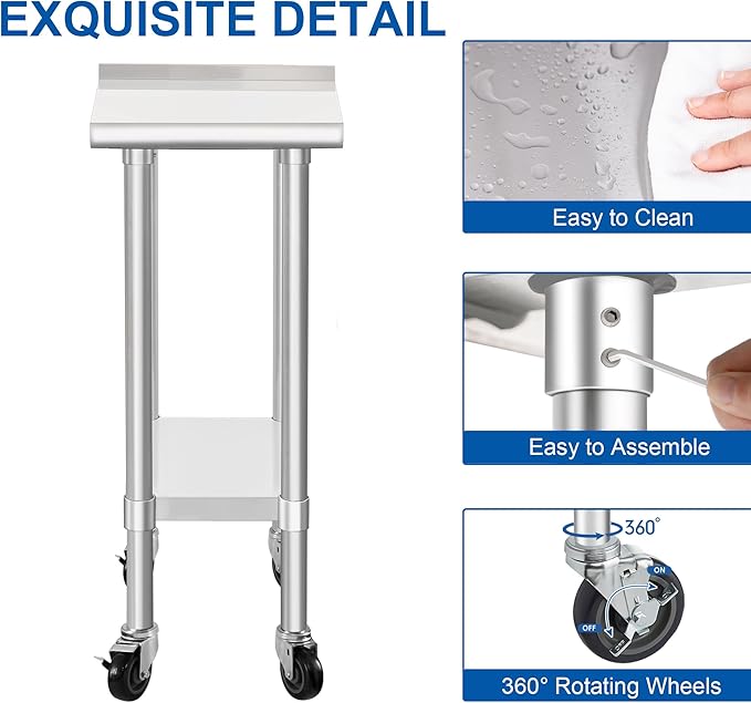 HARDURA Stainless Steel Commercial Work Table with Wheels Prep & Work Metal Table 24×12 Inches Heavy Duty NSF with Casters and 2" Backsplash
