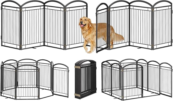 Full Metal Free Standing Dog Gate with Door for Indoor Outdoor,192'' Extra Wide 32'' Tall Dog Gates for Doorways,Large Openings,Decks,Freestanding Portable Pet Fence(8 Panels,Black)
