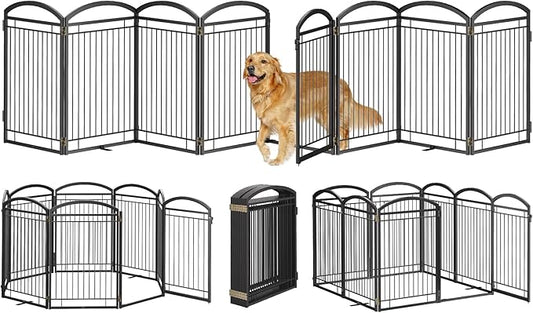 Full Metal Free Standing Dog Gate with Door for Indoor Outdoor,192'' Extra Wide 32'' Tall Dog Gates for Doorways,Large Openings,Decks,Freestanding Portable Pet Fence(8 Panels,Black)