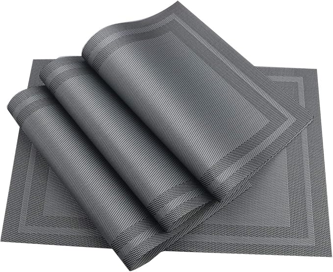 Gugrida Placemats Set of 6 Plaid Checkered Silver Grey PVC Placemat for Dining Table Durable Woven Vinyl Stain tablemats 18"X12"