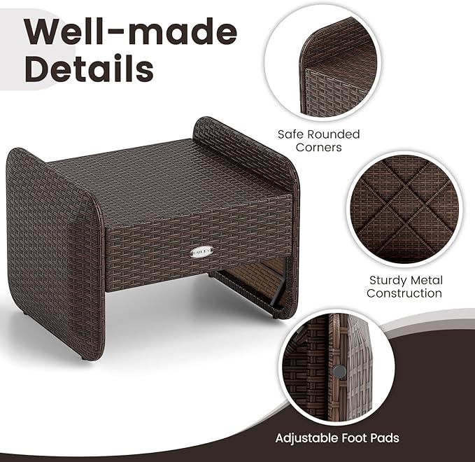 Tangkula 2 Pieces Patio PE Wicker Ottomans with Removable Cushions, Multipurpose Outdoor Furniture for Additional Seating, Footrest and Side Table, Outdoor Footstools for Porch, Backyard (Beige)