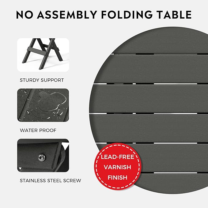 Costaelm Paradise HDPE Outdoor 24.5 Inch Round Portable Folding Patio Dining Table, Gray