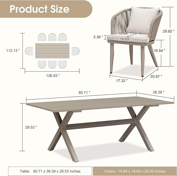 PURPLE LEAF 9 Pieces Patio Dining Set Wicker Outdoor Furniture Rectangular Table and Chairs Set for Garden Deck Aluminum Frame Backyard Kitchen Set, Cushions and Pillows Included Champagne