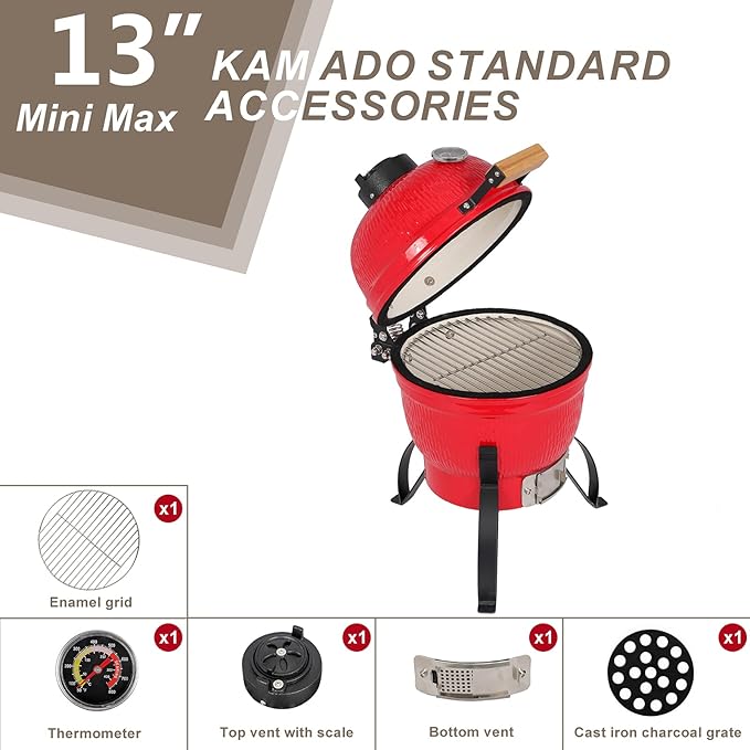 VINGLI 13" Kamado Grill Charcoal Grills Portable Barbecue Grill BBQ Kettle Stand Lid Perfect for Outdoor Camping Patio Backyard Picnic