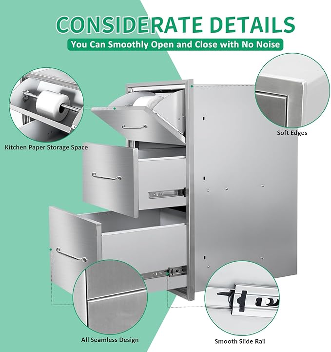 Outdoor Kitchen Drawers 17" W x 30" H x 20" D Stainless Steel Paper Towel Drawers with Ergonomic Handle for BBQ Island, Patio Grill Station & Outdoor Kitchen Cabinets