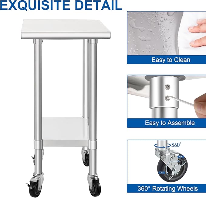 HARDURA Stainless Steel Commercial Table Prep & Work Table with Casters Heavy Duty Metal Table with Wheels NSF 430 24×18 Inches
