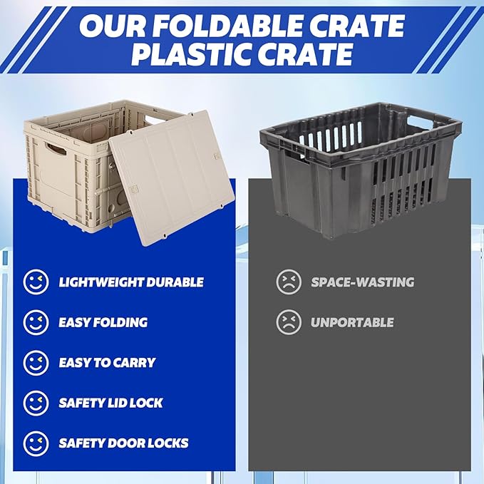 FAHKNS Collapsible Storage Bins with Lids,Stackable Utility Crates with Handles,Foldable Camping Box with 2 Side Doors,Folding Containers for Camping,Picnic,Tools,Indoor/Outdoor.