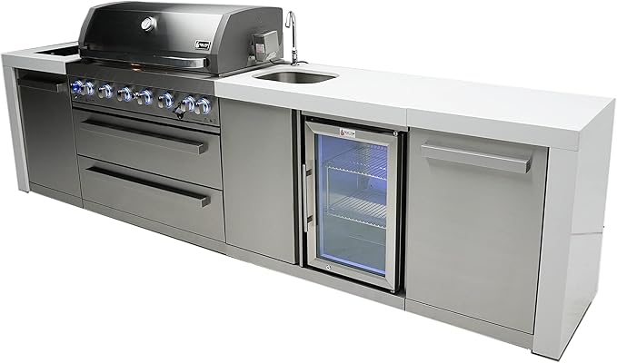 Mont Alpi MAi805-DBEV 6-Burner 115000 BTU 44-inch Deluxe Stainless Steel Island Outdoor Kitchen Gas Grill + Beverage Center Faucet and Sink + Granite Countertops + Storage Drawers and Cabinets