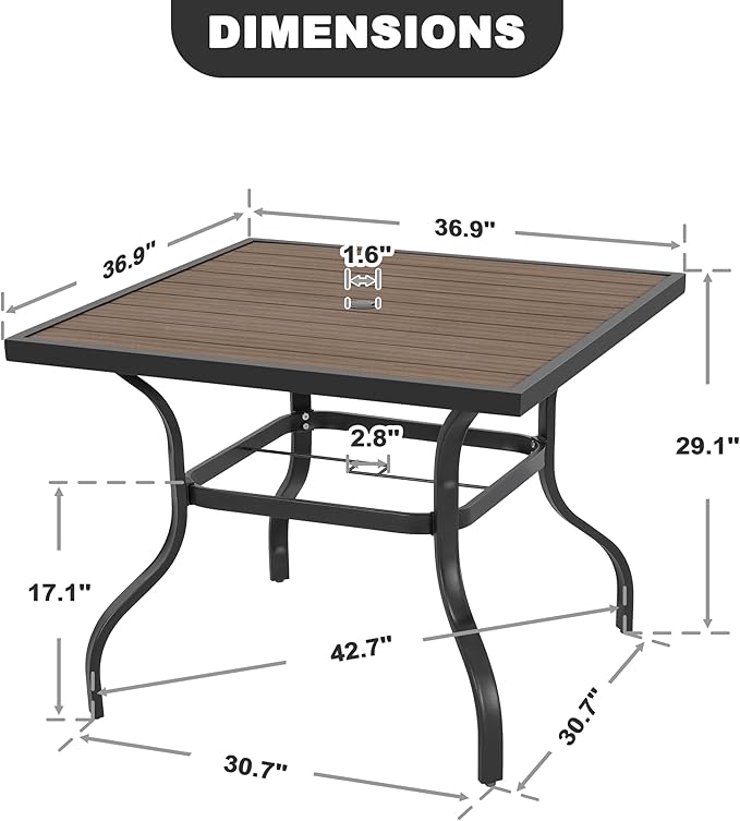 NUU GARDEN Outdoor 37” Square Metal Dining Table, Patio Dining Table with Umbrella Hole, Powder-Coated Metal Table with Faux Wood Tabletop, for Patio, Garden, Backyard and Balcony, Black