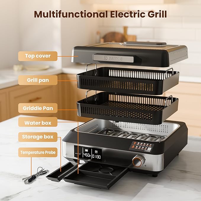 Kismile 2-in-1 Griddle and Indoor Grill,Electric Smokeless Grill with Temperature Probe,Temperature Control & display screen,Portable Smoke-Free Griddle for Indoor Steaks,Vegetables,Family Cooking