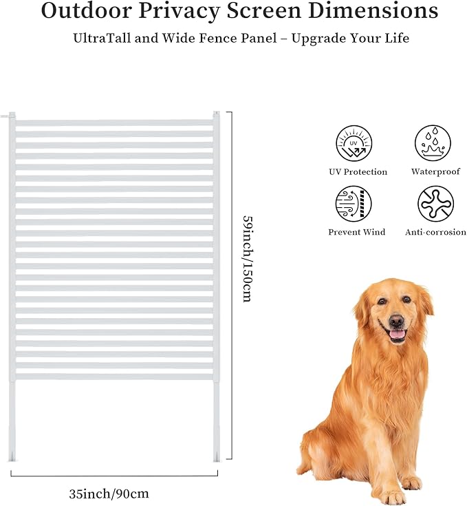 Outdoor Privacy Screen with Stand, Rustproof Metal Fence Panel, 35.43’’x 59.06’’ PE-Coated Steel Slats, Decorative Privacy Fence for Patio, Garden, Backyard, Trash Can, White(1 Panel)