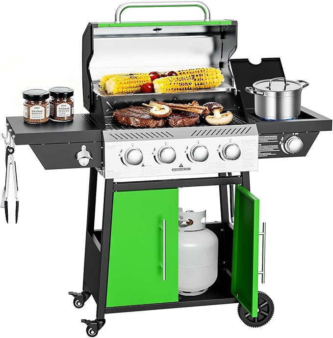 4-Burner Propane Gas BBQ Grill with Side Burner, 50,000 BTU Output Barbecue Grill with Stainless Steel Grates and Side Tables for Outdoor Cooking Kitchen, Patio and Backyard, Green