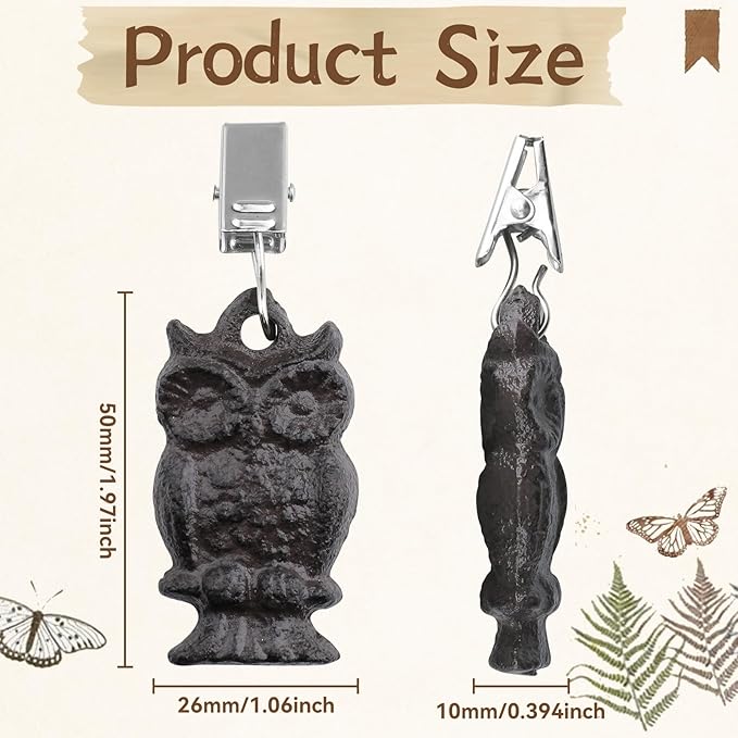 Black Cast Iron Antique Owl Tablecloth Weights Clip on Set of 8, Heavy Duty Vintage Pendant Tablecloth Weights Kit, Flag Weights Clips for Outdoor Garden Party Picnic Tablecloths