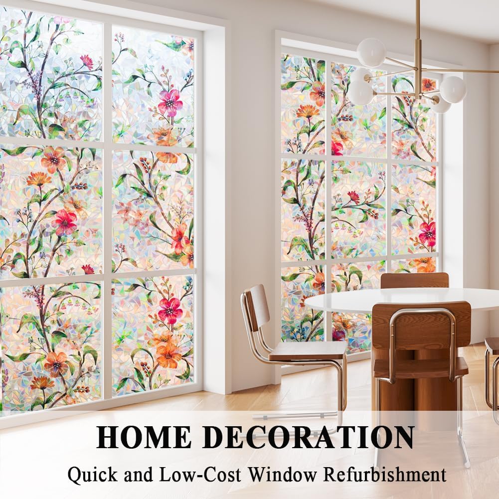 Stained Glass Window Film Static Cling Door Privacy Film Decorative Flowers Green Leaves Window Decals Stickers Heat Control Anti UV for Home and Office,23.6 inches by 78.7 inches