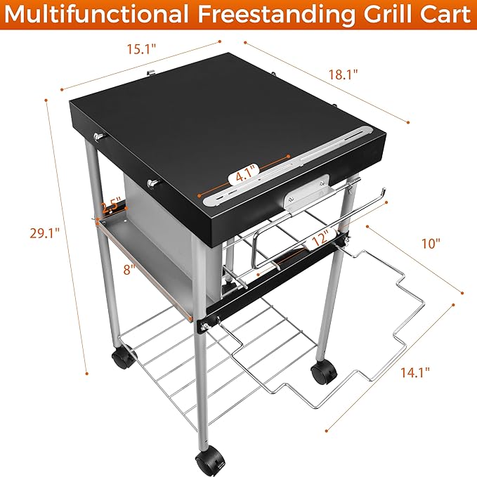 Grill Table Cart for Weber 22 inch Kettle 18in Charcoal Camping Carts for Blackstone 17 inch Griddle Accessories Outdoor Grillling Side Tables Freestanding Barbecue Shelves with Wheels Storage
