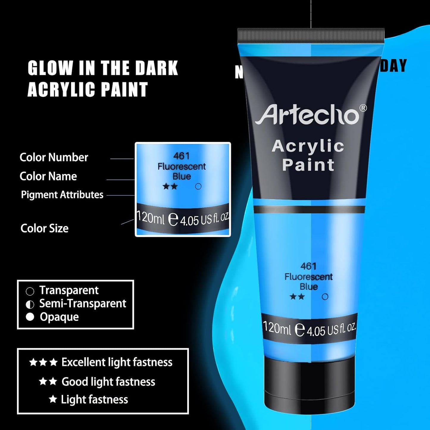 Artecho Glow in the Dark Paint 6 Colors, 120 ml / 4 oz Acrylic Paint for Decoration, Art Painting, Outdoor and Indoor Art Craft, Supplies for Canvas, Rock, Wood, Waterproof Rich Pigments