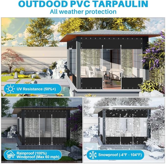 Clear Vinyl Curtains with Zippered Entry, 23oz Heavy Duty Waterproof Anti-UV and Tear-Resistant Tarpaulin with Grommets, Weatherproof Panels for Porch, Pergola, Gazebo, Balcony, Patio, Enclosure