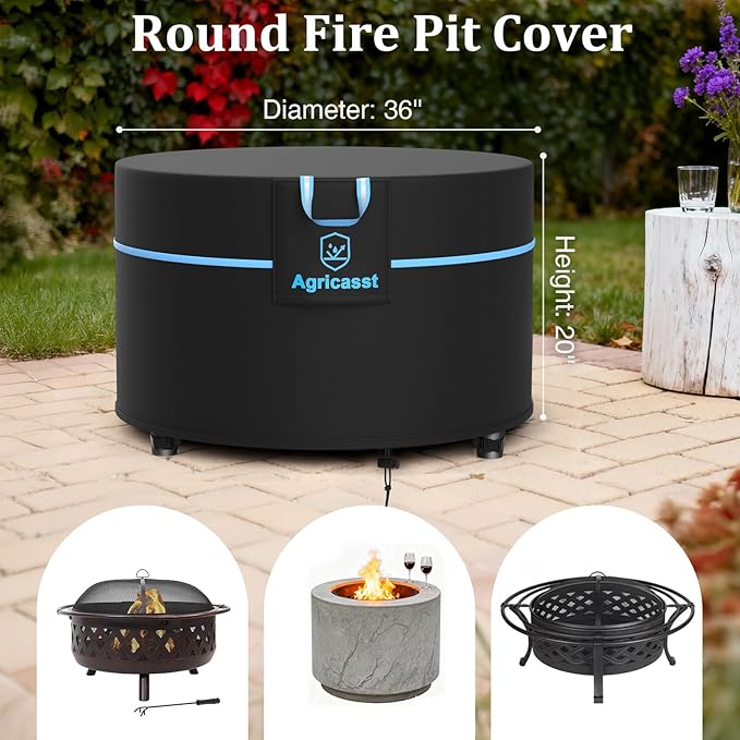 Fire Pit Cover Round, 36 Inch Outdoor Firepit Cover for 33''- 36'' Fire Pit, 600D Waterproof Patio Fire Table Cover with Air Vent, Handle, 4 Windproof Buckles, Drawstring - 36" Dia x 20" H