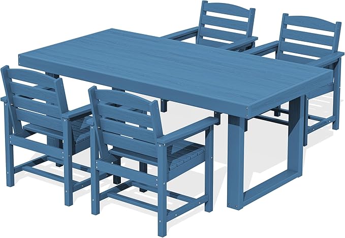 SERWALL HDPE Outdoor Dining Set for 4, 67'' All Weather Patio Dining Table and Chairs Set for Deck, Lawn, Blue