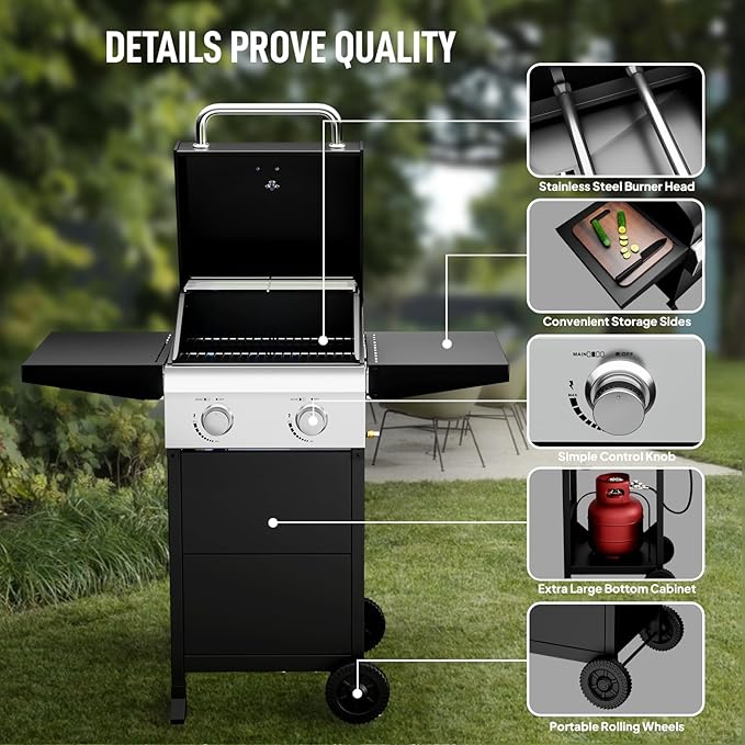 ROVSUN 2-Burner Propane Gas BBQ Grill with Foldable Side Tables & Enameled Cast Iron Grates, 24,000 BTU Barbecue Grill with Portable Wheels for Outdoor Patio Backyard Cooking Grilling, Black