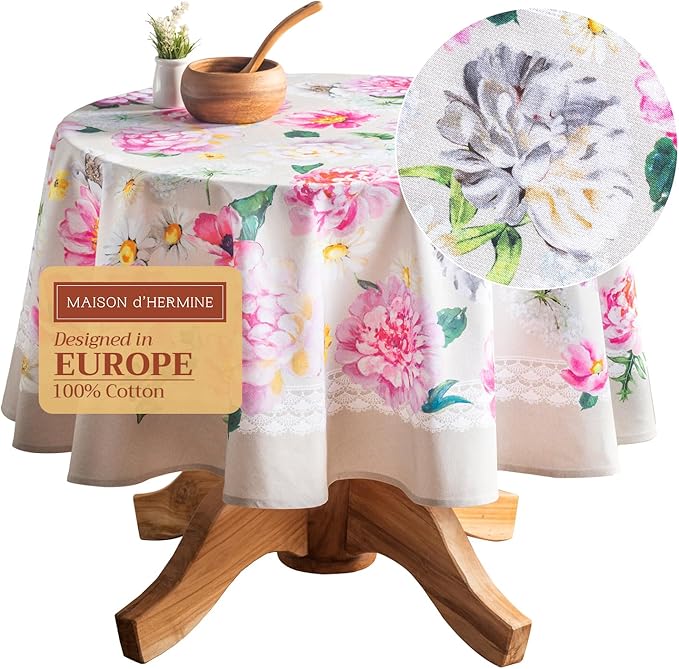Maison d' Hermine Table Cloth Round Table 100% Cotton 69 Inches Tablecloth Reusable Decorative Everyday Use for Dining Room, Farmhouse, Home, Party, Festive & Wedding Spring Summer - Pivoine