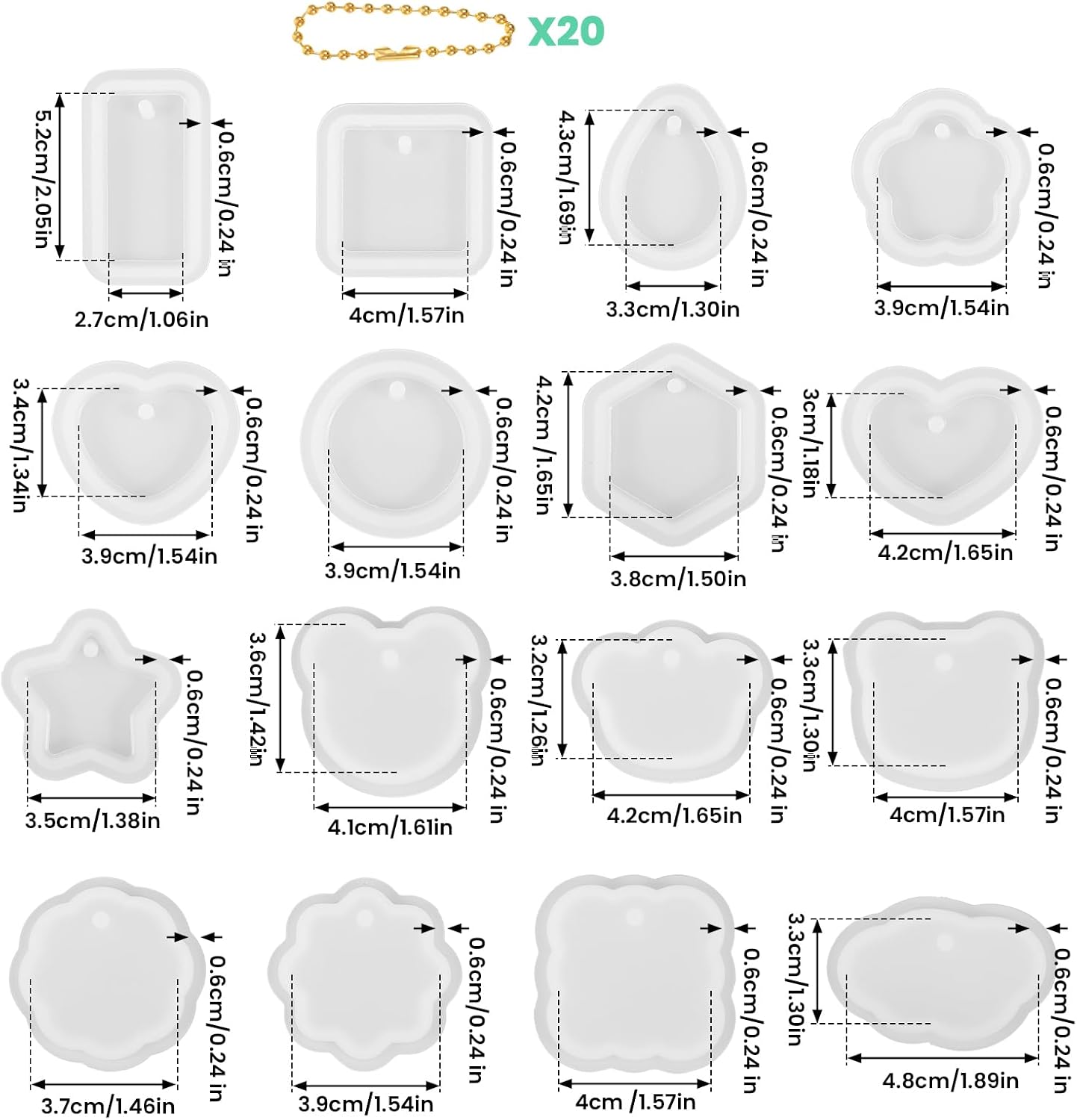 16Pcs Keychain Resin Molds Silicone with Hole, Jewelry UV Resin Keychain Molds, Epoxy Resins Mold for Keychains Pendant Jewelry Making