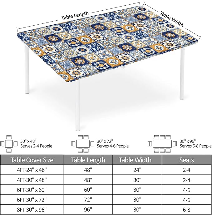 Rectangle Table Cloth Cover Waterproof Elastic Fitted Polyester Fitted Tablecloths for 8 Foot Tables for Indoor,Picnic, Camping, Outdoor （96" x 30"，Bohemian Style）