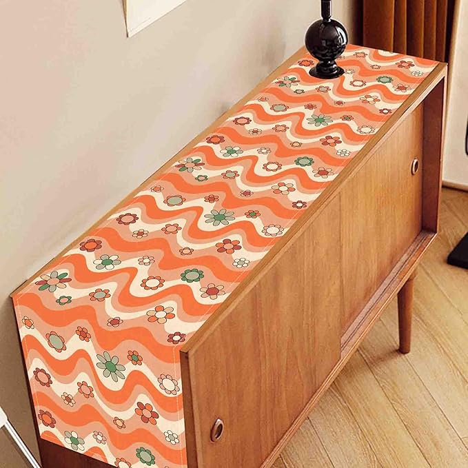 70s Table Runner, Retro Groovy Hippie Daisy Floral Orange Wave Funky Trippy Coffee Table Center Decor for Home Kitchen Dining Patio Holiday Party Indoor Outdoor Table Decorations, 13"x72" Inch