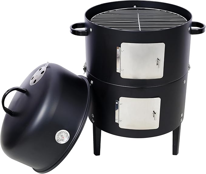 17 Inch Charcoal Smoker Grill, Heavy Duty Vertical BBQ Smoker with Thermometer, Dual Access Doors, Adjustable Air Vent, Outdoor Steel Grill for Smoking & Grilling