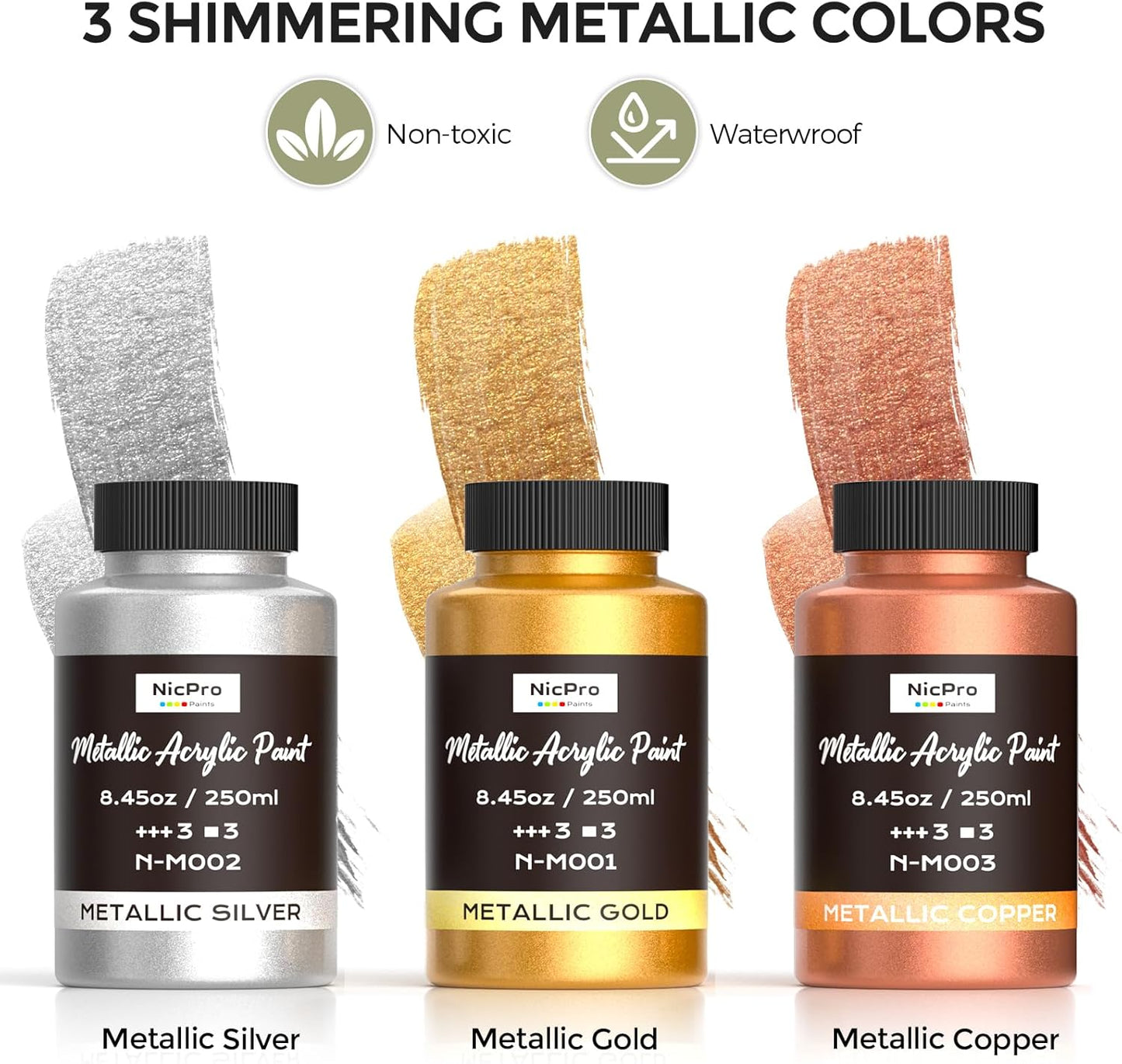 Nicpro Acrylic Paint Metallic, 3 Colors Gold, Silver, Copper 25.35oz/750ml Gold Leaf Paint, Non Toxic, Non Fading for Art Painting, Handcrafts, Ideal for Multi-surface, Canvas, Wood, Clay, Metal