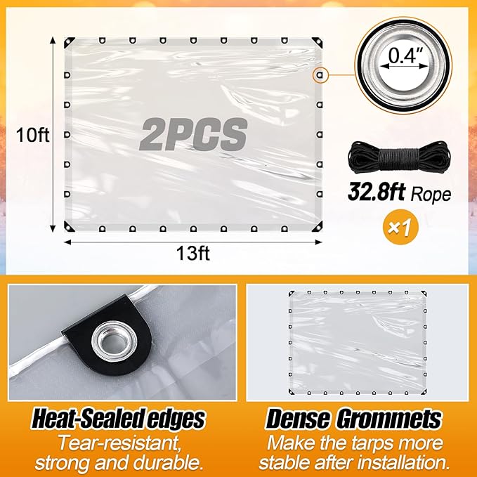 10x13ft Anti-Tear Clear Tarp Waterproof for Patio Winterizing - 2pcs Windproof Poly Tarpaulin, Heavy Duty Transparent Enclosure with Grommets for Covering Chicken Coops Greenhouse Garden Plants