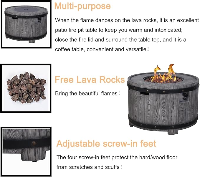 Afterglow Outdoor 36" Round TerraFdab Propane Fire Pit Table for Outside Patio Backyard Garden, Firepit Table with Weather Cover and Lava Rocks(Gas Tank not Included)，50000 BTU, Wood Look(Grey)