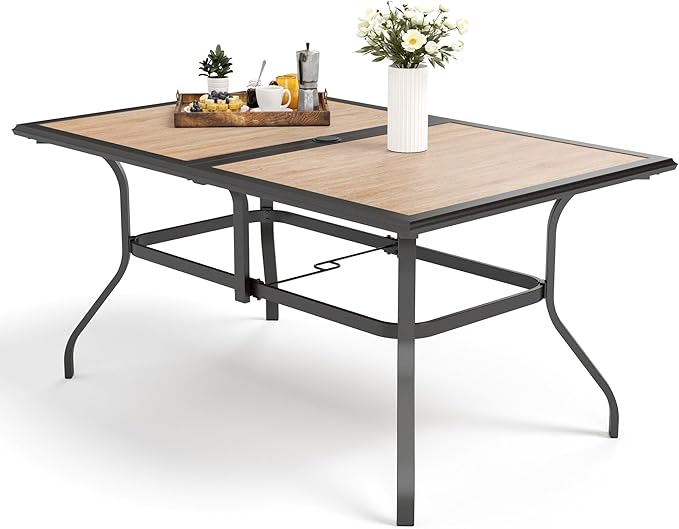 MFSTUDIO Outdoor Patio Dining Table for 6, Rectangular Furniture Table with Metal Frame and Immitation Wood Top, Outdoor Deck Backyard Garden Table with Umbrella Hole